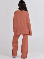 Womens Oversized Knit Sweater Set Wide Leg Pant Cozy Lounge Matching Pajama Sets