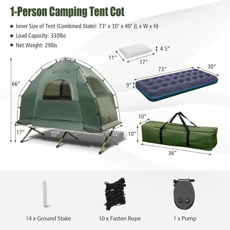 💥Clearance Sale 5-in-1 Camping Tent Cot 🏕️ Air Mattress + Sleeping Bag + Pillow 🛏️ Outdoor Combo