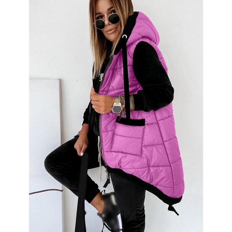 Women's Hooded Puffer Long Vest Lightweight Zipper Up Padded Gilet With Pocket