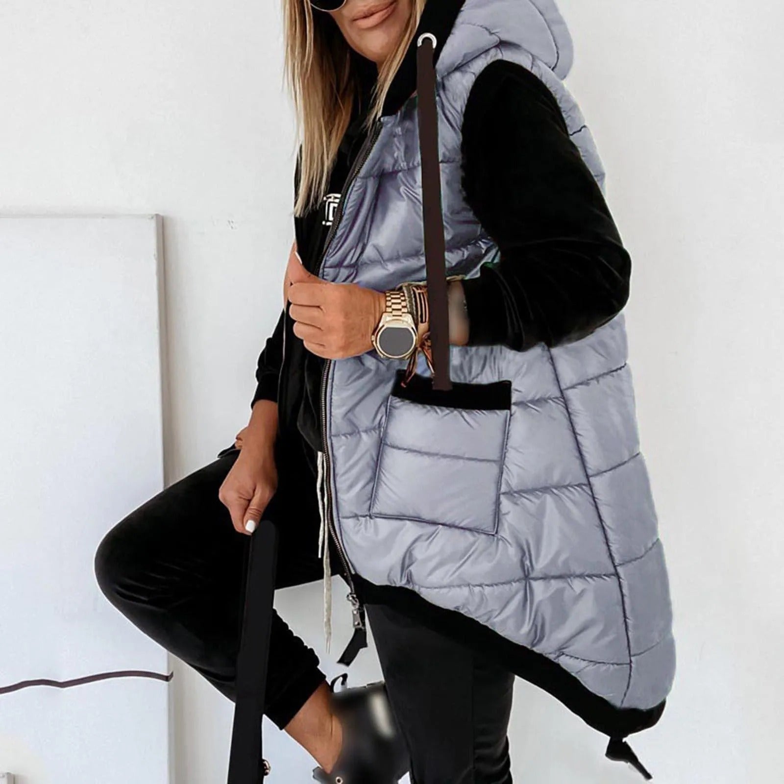 Women's Hooded Puffer Long Vest Lightweight Zipper Up Padded Gilet With Pocket